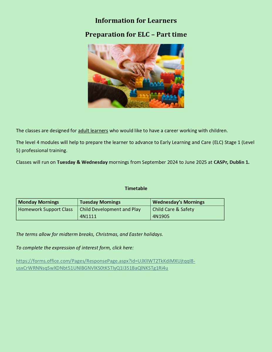 City of Dublin ETB Adult Education Guidance (@dicaegs1) on Twitter photo ๐ Start a career in childcare! Join our pre-ELC course at City of Dublin ETB. Classes: Tues & Wed, Sept 2024-June 2025 at CASPr, Dublin 1. Interested? Fill the form! ๐forms.office.com/Pages/Responseโฆ
#ChildcareEducation <a href="/CityofDublinETB/">City of Dublin ETB</a> ๐ Start a career in childcare! Join our pre-ELC course at City of Dublin ETB. Classes: Tues & Wed, Sept 2024-June 2025 at CASPr, Dublin 1. Interested? Fill the form! ๐forms.office.com/Pages/Responseโฆ
#ChildcareEducation <a href="/CityofDublinETB/">City of Dublin ETB</a>