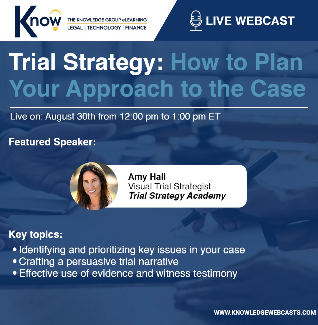 KnowGroupCLECPE's tweet image. Amy Hall from Trial Strategy Academy will be presenting at our upcoming “Trial Strategy: How to Plan Your Approach to the Case” webcast on August 30th at 12 PM ET.

Save your seats here: zurl.co/eSnV

#TrialStrategy #CourtProcedure #TrialPlan #CLE #webcast #TKG