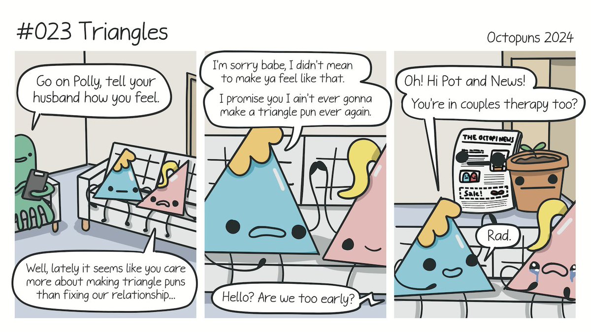 Octopuns's tweet image. Old Comic: #023 Triangles octopuns.com/2024/08/old-co… … #puns #comics