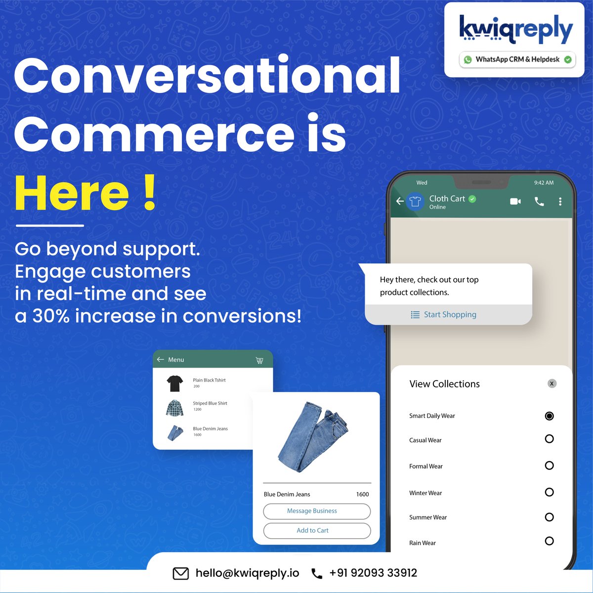 kwiqreply's tweet photo. Conversational Commerce is Here! 

Enhance your customer interactions in real-time and see up to a 30% boost in conversions! 📈 

#ConversationalCommerce #CustomerEngagement https://t.co/boehek4T4N