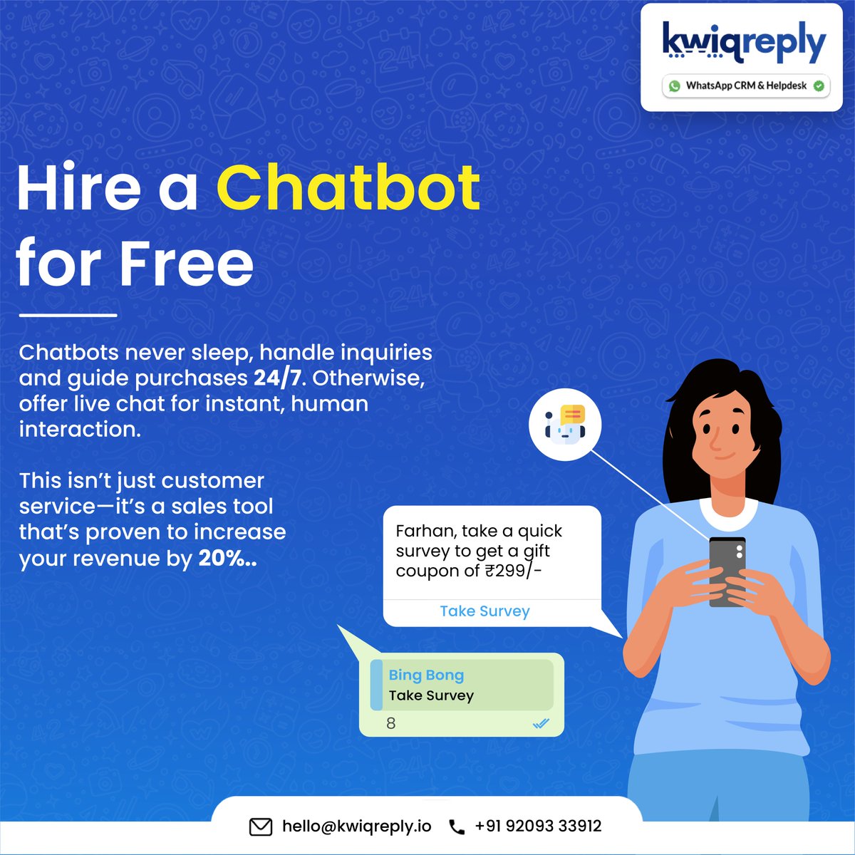 kwiqreply's tweet photo. 💬 Hire a Chatbot for Free! 

Automate inquiries 24/7 and increase revenue by 20%! Start live chat for instant human touch. Your customers deserve the best. 

#LiveChat #SalesBoost https://t.co/KXS5aFwWKM