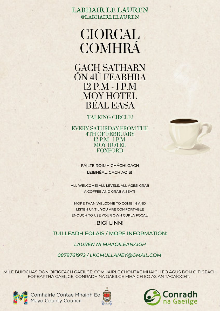 Gno_MhaighEo's tweet image. An raibh tú ag an gCiorcal Comhrá a bhíonn ar siúl i mBéal Easa fós? Bíonn an ciorcal comhrá ar siúl ón 12-1 i.n. gach Satharn sa @MoyHotel . Tá fáilte roimh chách - gach leibhéal agus gach aois.  Gach eolas thíos
#ciorcalcomhrá #talkingcircle #conversationcircle #gaeilge