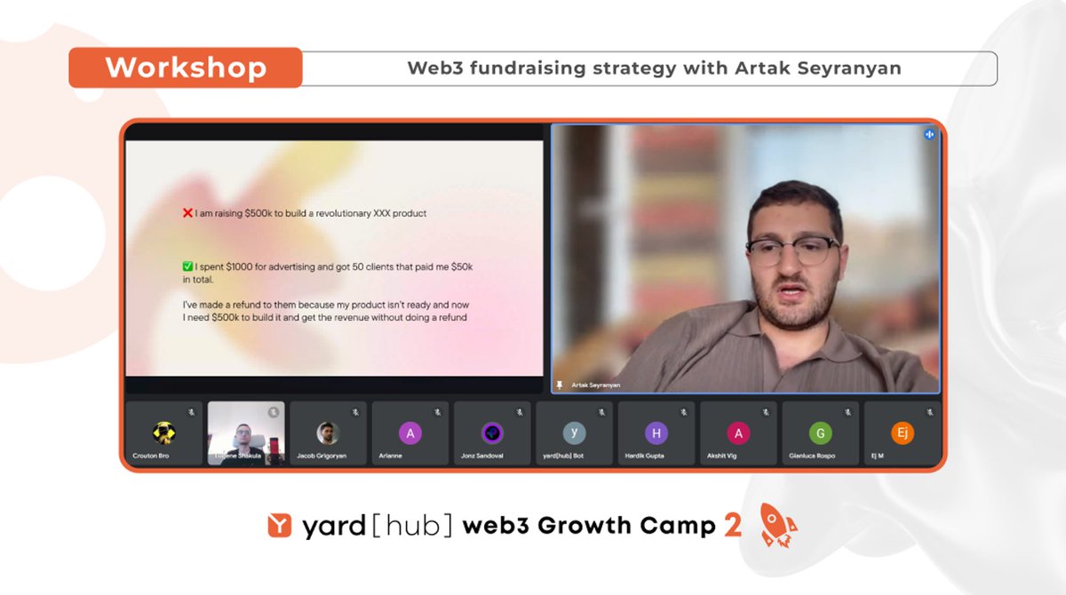 yardhub's tweet image. We had the Web3 fundraising strategy workshop by @seyrart, BD and IR liaison yesterday for the yardhub #web3growthcamp participants.

Here’s some of the key insights:

1. Leverage Your Network

Building a strong network is crucial for successful fundraising. Connect with…