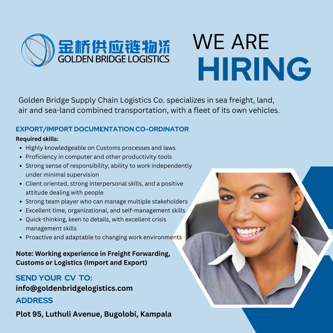 GoldenBridgeSCL's tweet photo. We looking for a competent Import documentation specialist to join our growing team.

Send your CV to the email below.

Only shortlisted candidates shall be called for interviews.

#jobvancancy #JobOpportunity https://t.co/3hW0a0jlpE