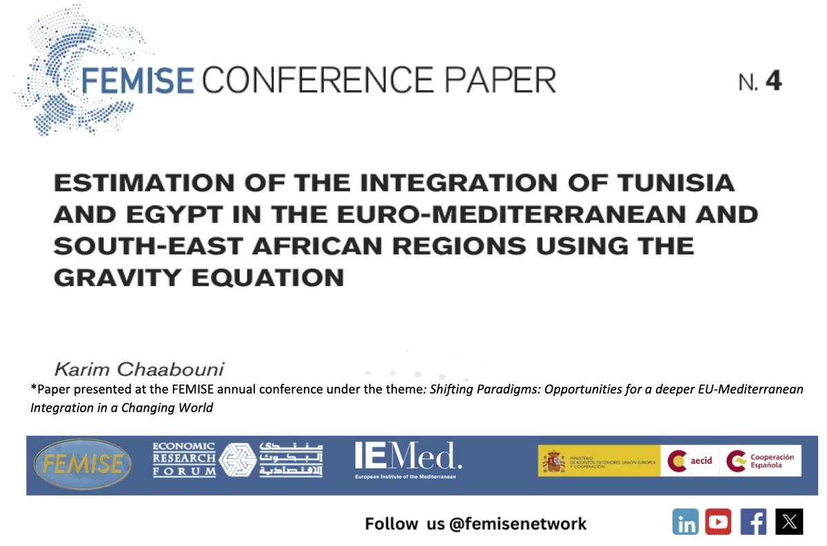 femisenetwork's tweet image. #FEMISE conference paper#4 by Karim Chaabouni @ESC @Univ_Sfax ,  compares the impact of  #FTAs with #EU #COMESA &amp;amp; #Türkiye, on #Tunisian and #Egyptian exports and imports and reflects on their trade &amp;amp; economic cooperation  To learn more👉 shorturl.at/8sdLC
@IEMed_ @AECID_es