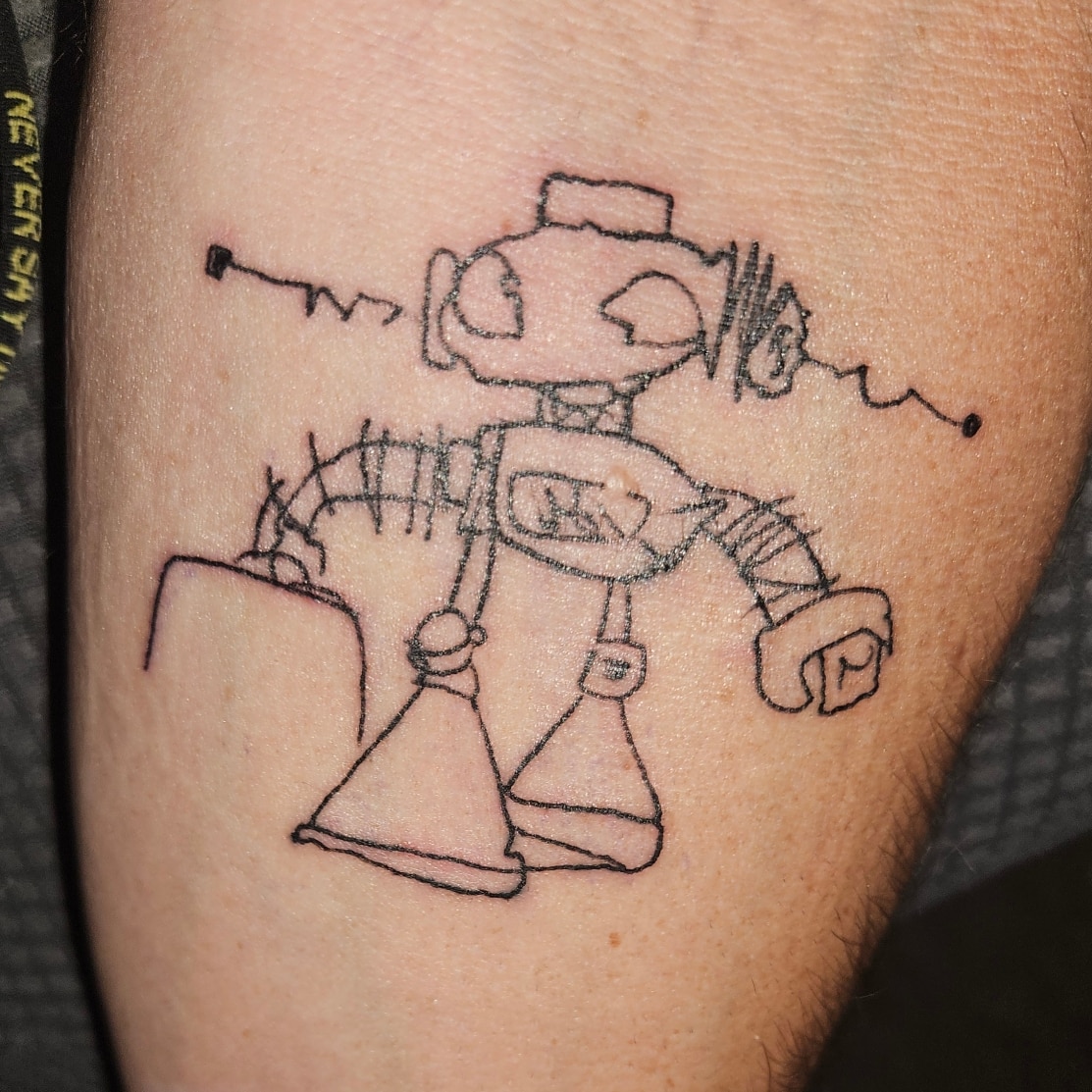 pigjedi's tweet photo. My #geekling drew this robot in kindergarten.
#kidart #tattoo https://t.co/rvOqLjYiXd