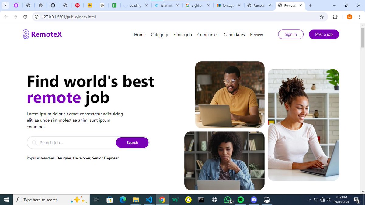 StacyInTech_'s tweet photo. Today on "building a simple HTML and CSS website to showcase my frontend skill" 
Week 1: Project 2
A website for finding remote jobs
 Stay tuned for the final result 😁🧑‍🔧

#buildingpublic #CodingChallenge https://t.co/03ackJMRen