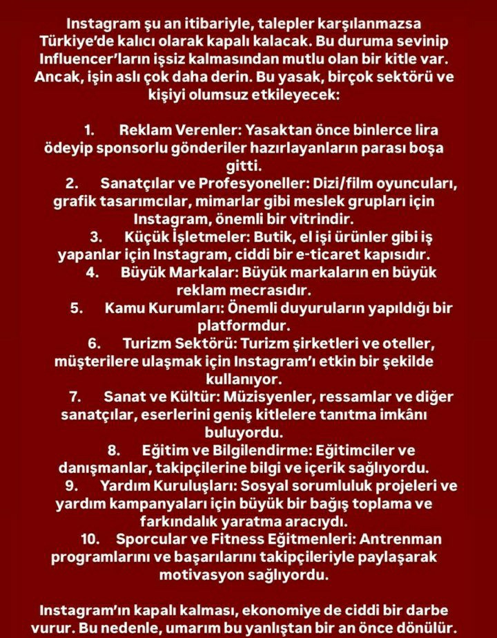 Arkadaşlar Instagram bugün bile açılabilir.
Susmayın Allah aşkına!
İfade özgürlüğünüzü ve yaşadığınız mağduriyeti yazın lütfen!
Bakan açıklama yaptı!
Bakan Uraloğlu: Görevli arkadaşlar sürekli olarak görüşmeler yapıyor. Instagram'la mutabık kalınırsa anında erişim açılacak