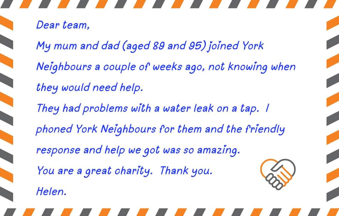 All feedback is good feedback.

Good feedback, that you haven't asked for, is even better...

Big 🧡 to Helen for sending us this about her and parents' experience of our help.

York Neighbours take referrals online (link below) or on 01904 891 627.

👉 yorkneighbours.org.uk/make-a-referra… 👈