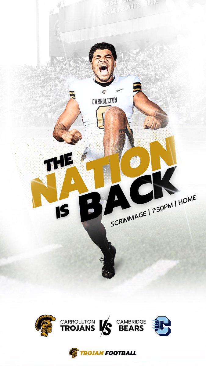 Carrollton_High's tweet image. 🚨GAMEDAY🚨

🔥SCRIMMAGE GAME🔥

🆚 Cambridge 
📍 Carrollton, GA
⏰ 7:30 pm
🏟️ Grisham Stadium
📺 @NFHSNetwork 
📻 @GradickSports &amp;amp; Trojan Network
🎟️ at Gate or Online at GoFan: gofan.co/event/1583965?…

#TrojanNation
#GoldStandard