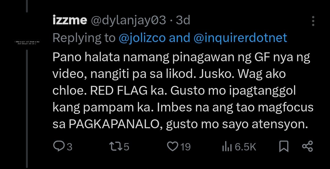 Nothintoseee's tweet photo. @dylanjay03 @jolizco @inquirerdotnet Nakakatawa na yan defense mo Ngayon ehh sinagot ko lang naman pakikisawsaw mo.  Hypokrito na nagmamalinis pa. Kadiri😂😂😂😂 https://t.co/7iZQF7cquO