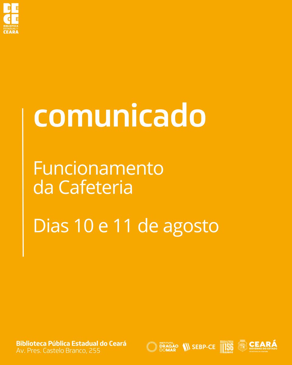 ⚠️Comunicado ⚠️

Para oferecer um atendimento ainda melhor, a Cafeteria Regional Comidas Típicas estará em reforma neste final de semana, dias 10 e 11 de agosto. Durante esse período, a cafeteria estará fechada.

Retornaremos ao atendimento normal no dia 13/08, terça. Até lá!
