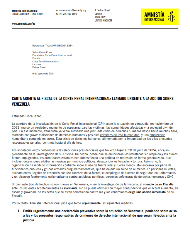 ErikaGuevaraR's tweet photo. #Urgente #Venezuela

Hemos enviado Carta Abierta al fiscal de la @IntlCrimCourt, @KarimKhanQC, pidiéndole acciones urgentes ante la gravedad de la crisis de #DDHH en #Venezuela:

📌emitir una declaración preventiva 
📌respaldar a las personas defensoras de #DDHH y #ONGs
📌acelerar urgentemente su investigación sobre crimens de lesa humanidad 🇻🇪

👉🏾https://t.co/FXGYKgvNcY