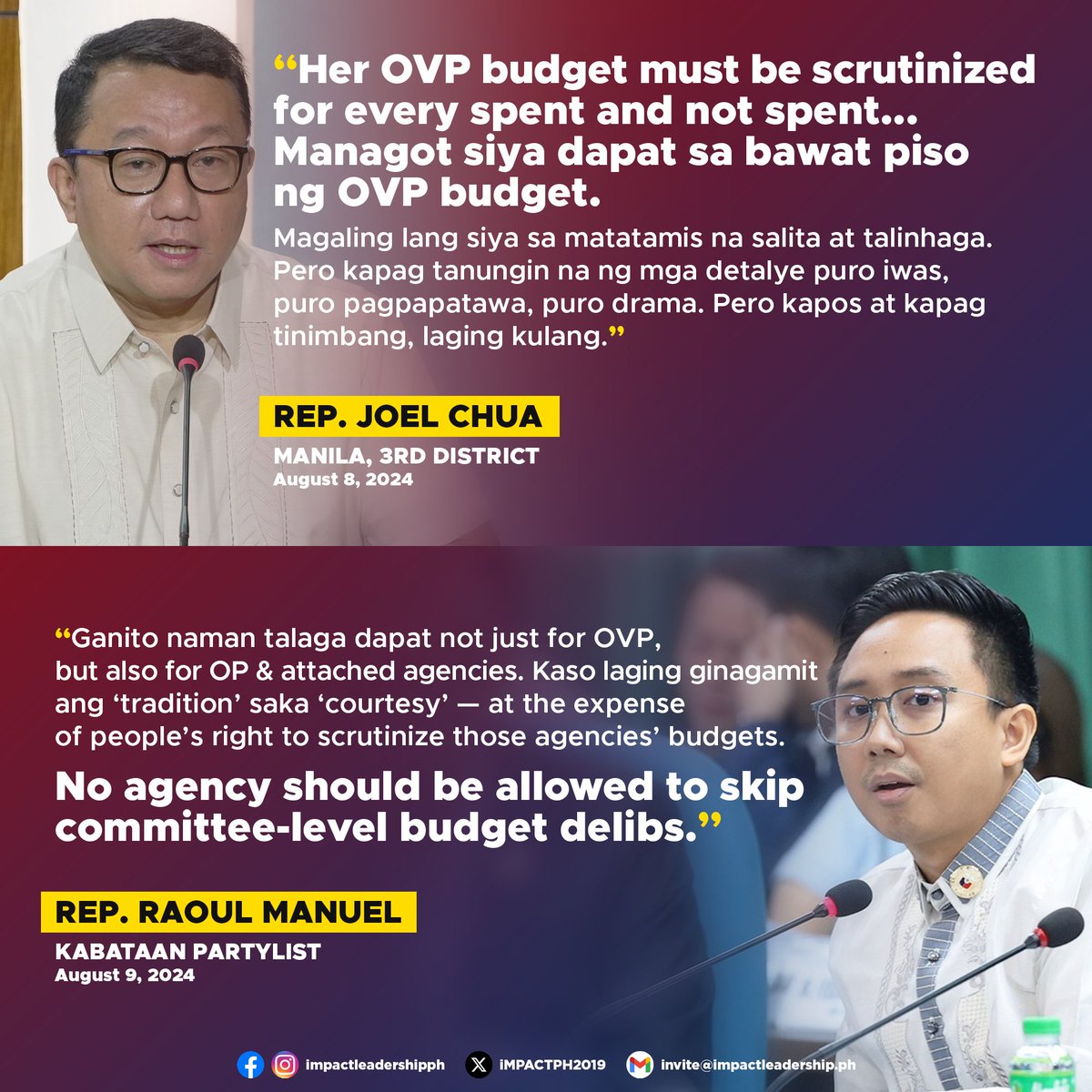 iMPACTPH2019's tweet image. &apos;HER OVP BUDGET MUST BE SCRUTINIZED&apos;

Manila 3rd District Rep. Joel Chua emphasized the need for thorough scrutiny of the Office of the Vice President&apos;s (OVP) budget during the upcoming House deliberations on August 15. #BantayBuget2025