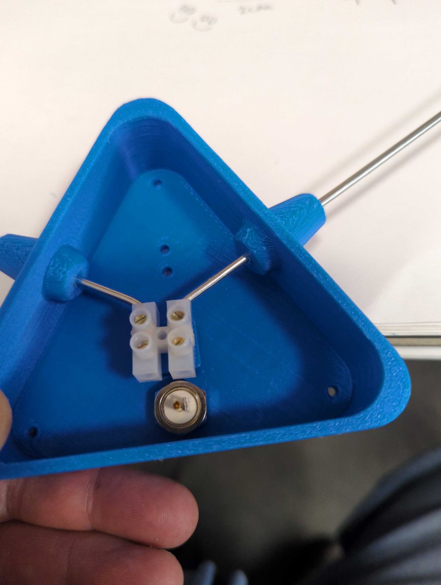 Discovering I could receive and decode NOAA Wx satellites with my X50 2M vertical the other night I set about building a "better" antenna for 137MHz. These 120 degree dipole antennas seem useful, so I set about designing a nice hub for the middle. Still need the lid. #hamradio