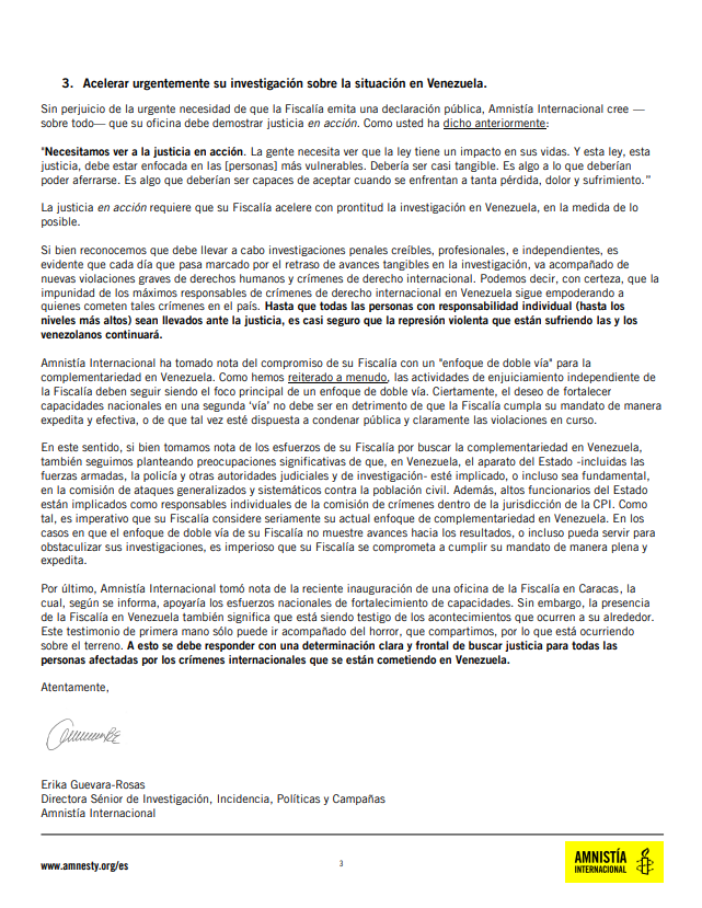 Erika Guevara Rosas (@erikaguevarar) on Twitter photo #Urgente #Venezuela
Hemos enviado Carta Abierta al fiscal de la <a href="/IntlCrimCourt/">Int'l Criminal Court</a>, <a href="/KarimKhanQC/">Karim A. A. Khan KC</a>, pidiéndole acciones urgentes ante la gravedad de la crisis de #DDHH en #Venezuela:
📌emitir una declaración preventiva 
📌respaldar a las personas defensoras de #DDHH y #ONGs #Urgente #Venezuela
Hemos enviado Carta Abierta al fiscal de la <a href="/IntlCrimCourt/">Int'l Criminal Court</a>, <a href="/KarimKhanQC/">Karim A. A. Khan KC</a>, pidiéndole acciones urgentes ante la gravedad de la crisis de #DDHH en #Venezuela:
📌emitir una declaración preventiva 
📌respaldar a las personas defensoras de #DDHH y #ONGs