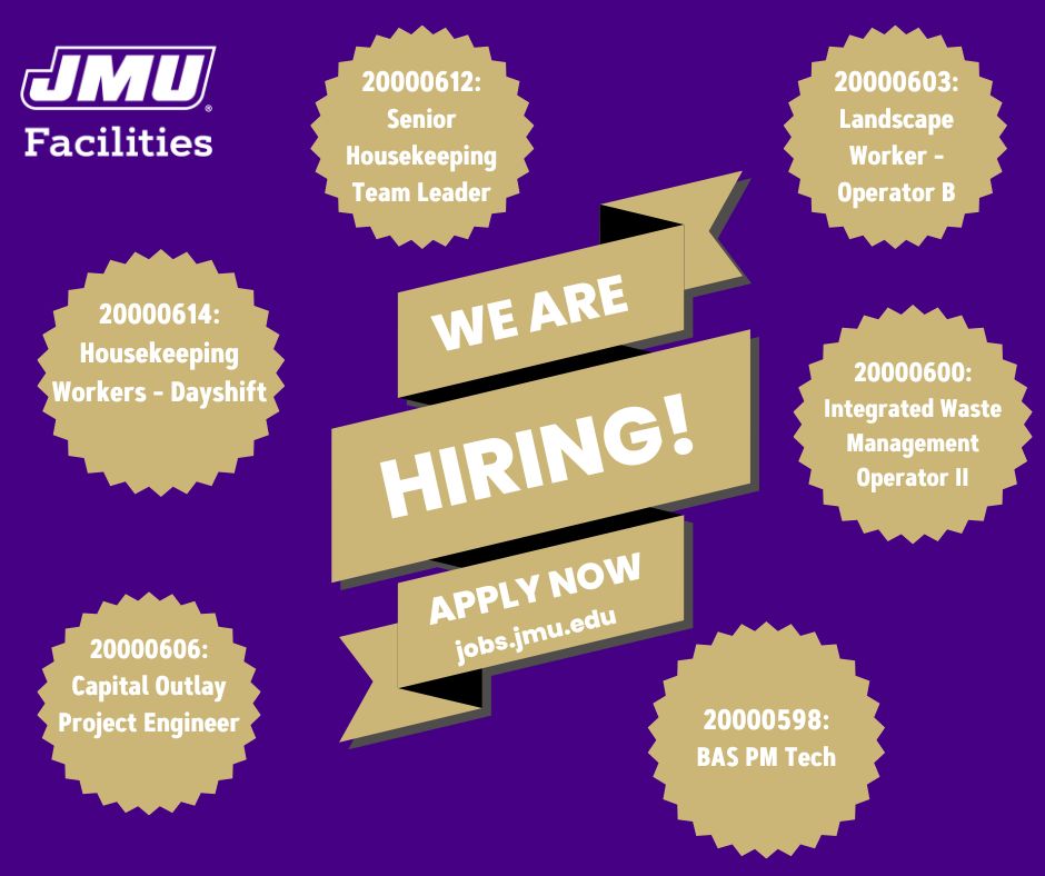 JMUJobs's tweet image. JMU Facilities Management is currently recruiting for several positions!
Browse these positions and more through referencing the below posting numbers on jobs.jmu.edu/home
#jamesmadisonuniversity #jmu #HVACJobs  #facilitiesmanagement #housekeepingjobs #maintenancejobs