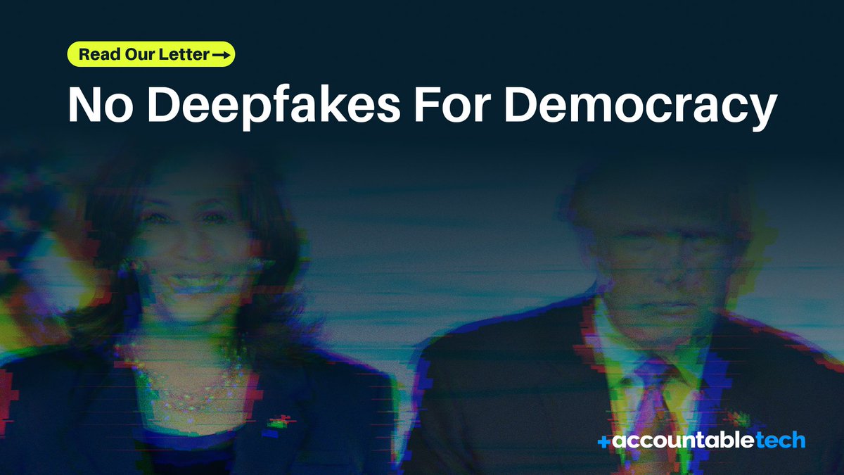 accountabletech's tweet image. We urge the CEOs of Meta, Snap, TikTok, YouTube, and X, to prevent these harmful AI-generated deceptions from interfering in elections.

Read the letter: accountabletech.org/wp-content/upl…