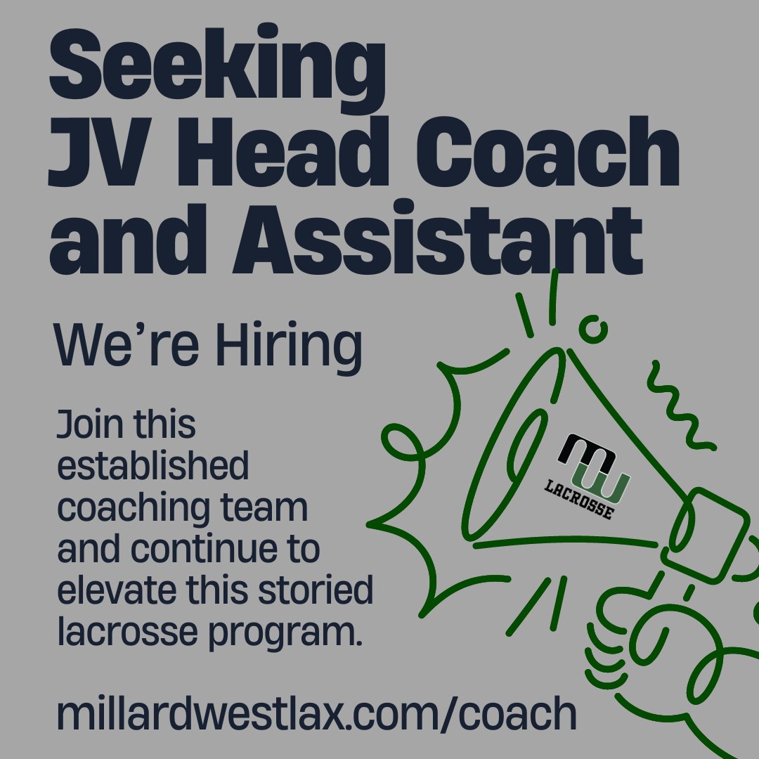 We are currently looking to hire both a JV Head Coach and a JV Assistant Coach. These positions receive financial compensation and get to contribute to a highly respected lacrosse program. Visit millardwestlax.com/coach for information or to apply!