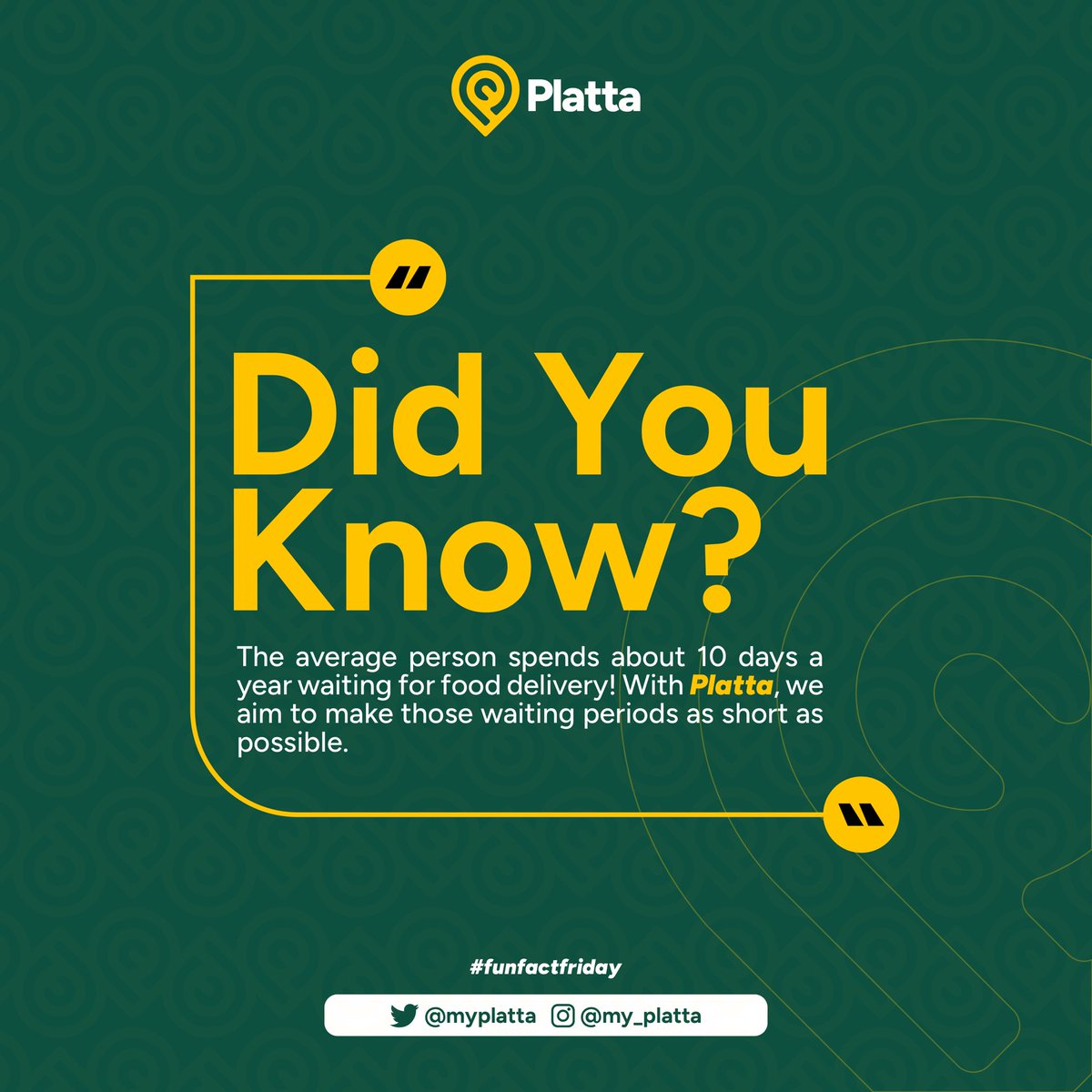 myplatta's tweet photo. Did you know? The average person spends about 10 days a year waiting for food delivery! 😲 With Platta, we’re here to make sure your wait is shorter and sweeter. 🚚🍴 #FunFactFriday #Platta https://t.co/xVF8Ijvgyf