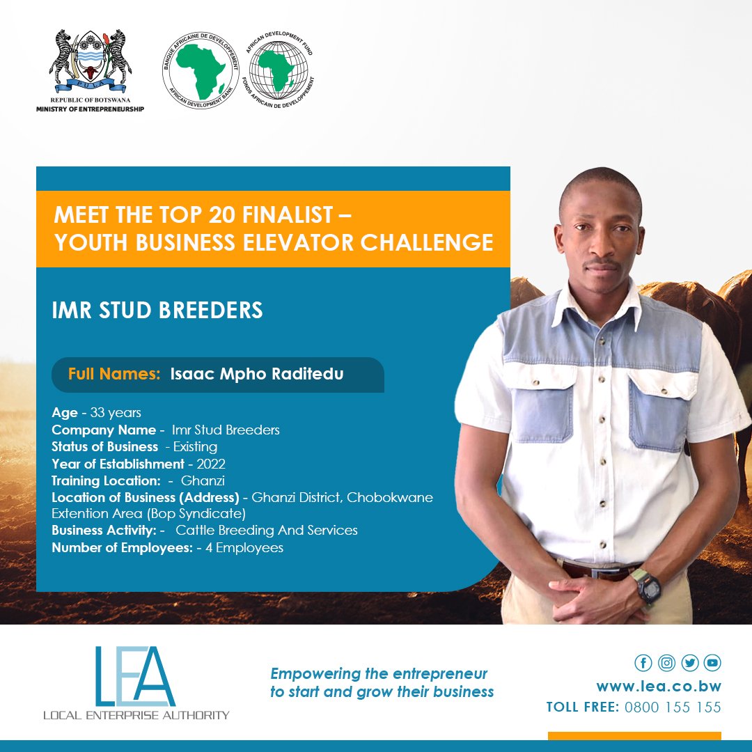 Local Enterprise Authority (@botsa_lea) on Twitter photo ✨Announcing Top 20 Finalists of the Youth Business Elevator Challenge✨
We unveil the innovative minds who made it to the final round of Youth Business Elevator Challenge.
Powered by <a href="/AfDB_Group/">African Development Bank Group</a>
#SMEdevelopment
#enterpreneurship
#botsaLEA ✨Announcing Top 20 Finalists of the Youth Business Elevator Challenge✨
We unveil the innovative minds who made it to the final round of Youth Business Elevator Challenge.
Powered by <a href="/AfDB_Group/">African Development Bank Group</a>
#SMEdevelopment
#enterpreneurship
#botsaLEA