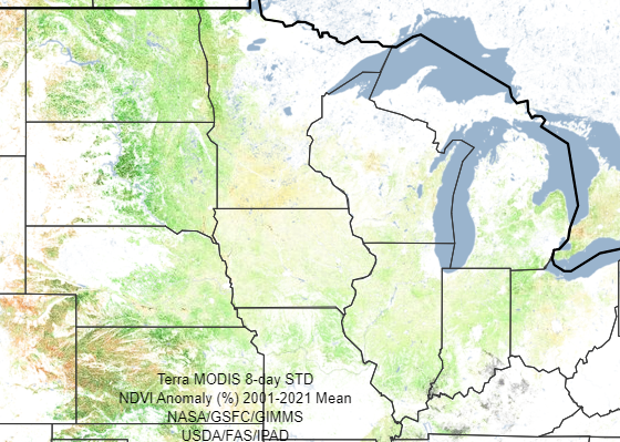 ArlanFF101's tweet photo. NDVI scores for the 18 states that produce roughly 95% of the nation's #corn crop continue to see a composite score above the 2-year average, above the previous year, and above 2004,2009, &amp; 2014, near the top of the 20-year range. #oatt https://t.co/S8a42WC1kH