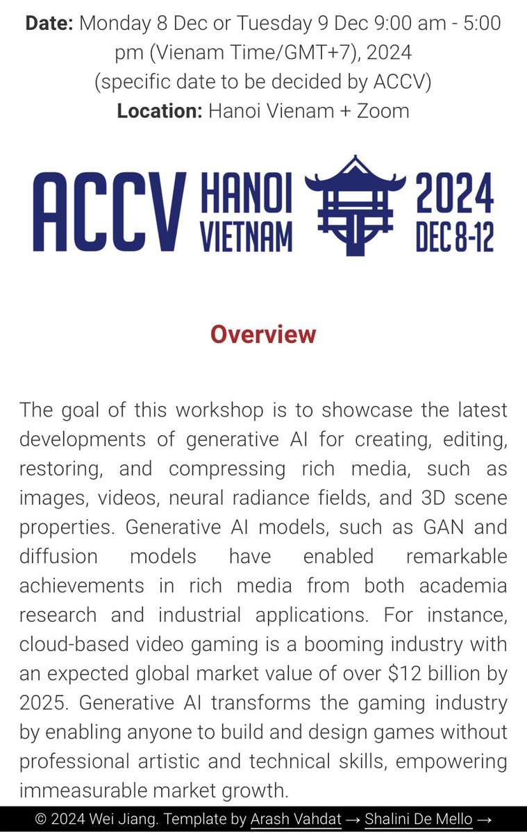 anhttran_usc's tweet photo. @ACCVConf
Rich Media with Generative AI workshop (RichMediaGAI) is calling for paper and challenge.

Site: https://t.co/DuLpGTxGoF
Paper call: https://t.co/jIF1Ujj1u8
Challenge: https://t.co/Z9wnqh35hh
Deadline (both): Sep 23

#ACCV2024 #Workshop #RichMediaGAI https://t.co/NEwDnMFyPM