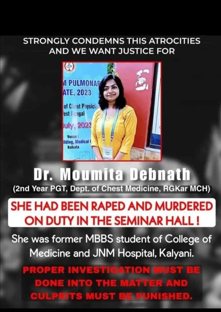 TrishaktiSahani's tweet photo. On Duty Female Doctor Raped &amp; Murderd in RG KAR medical college Kolkata.

Allegedly;
★Naked body found 
★ Several marks on Neck 
Yet College administration is trying Hard to suppress &amp; converting into suicide .

Stand For Her 🙏
#JusticeforDrAishwarya @PMOIndia @MamataOfficial https://t.co/onD7eeduhS