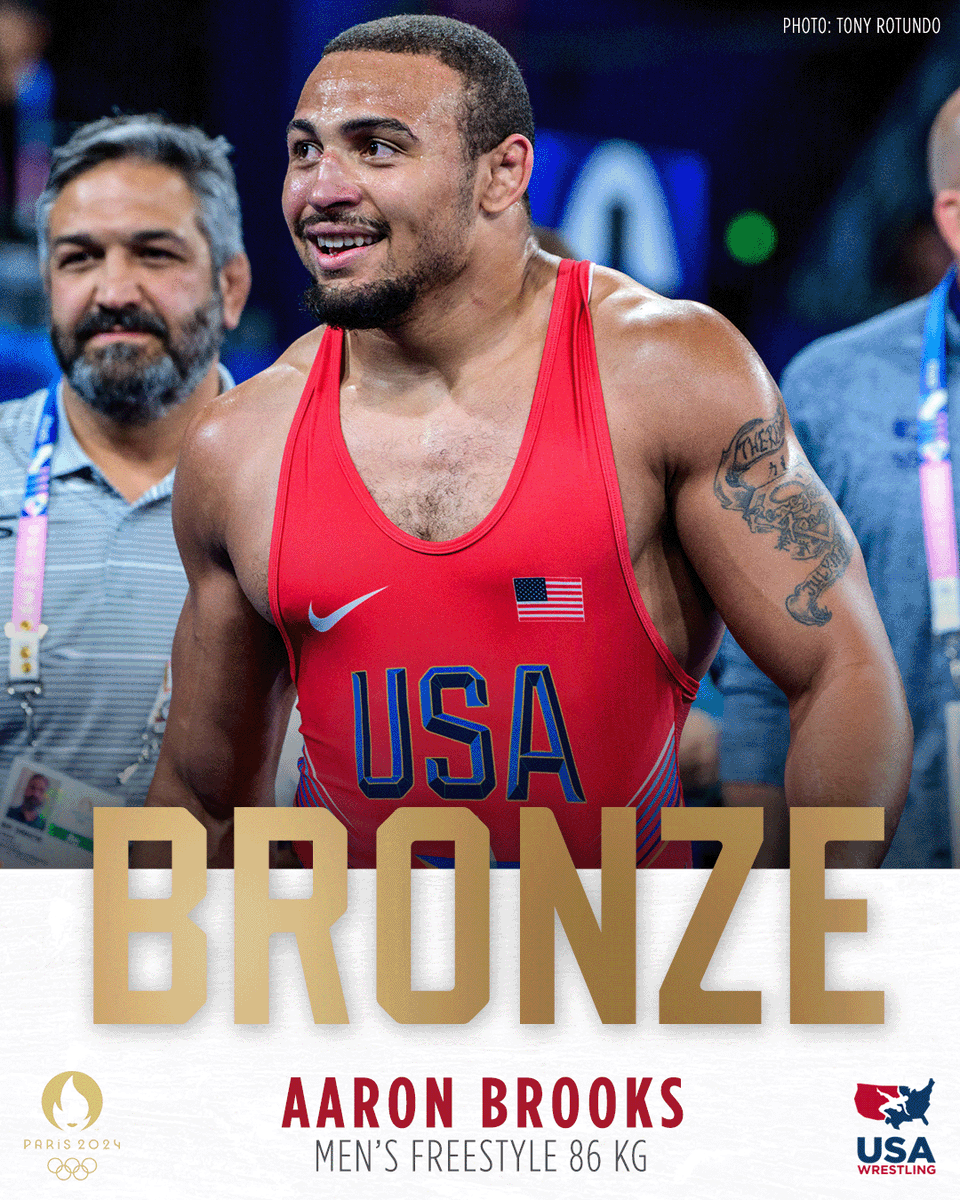 #WrestleParis
Brooks quickly forces a step out early in second period to lead 2-0. Brooks is put on the shot clock. Hits a sweet blast double to lead 4-0, wiping out clock. Another double for a step out, 5-0. Brooks holds strong &amp; bout ends 5-0. Bronze Medal for Aaron Brooks!!