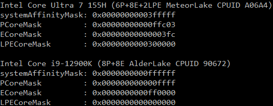 InstLatX64's tweet photo. My P-E-LPE Core mask generator proposal for #Intel CPUs:
- A06Ax, A06Cx #MeteorLake: supported cache level: E = L3, LPE = L2;
- B06Dx #LunarLake: Atom = LPE;
- C065x #ArrowLakeH: #Skymont = E, #Crestmont = LPE;
Free Code:
https://t.co/NCS6xt53L2 https://t.co/IwF52U5QRR