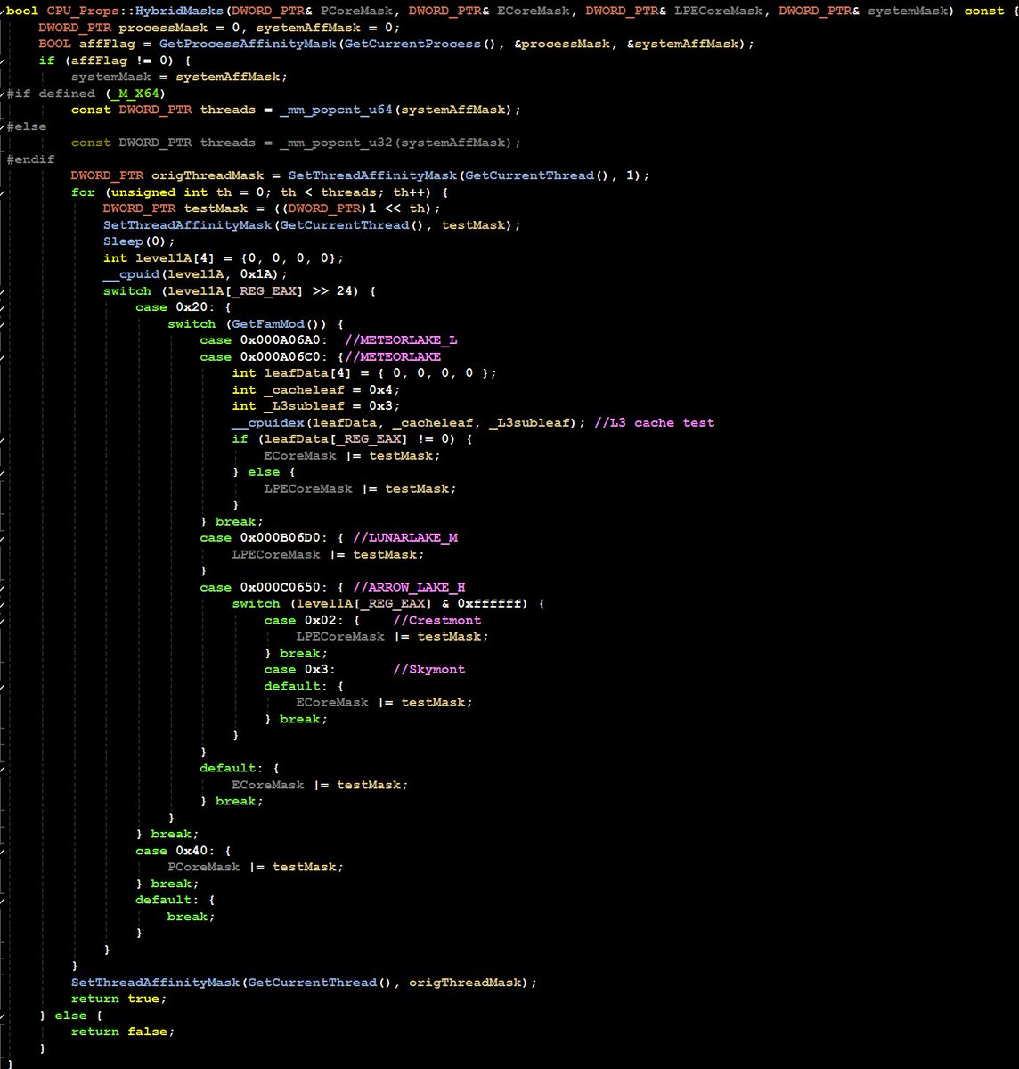 InstLatX64's tweet photo. My P-E-LPE Core mask generator proposal for #Intel CPUs:
- A06Ax, A06Cx #MeteorLake: supported cache level: E = L3, LPE = L2;
- B06Dx #LunarLake: Atom = LPE;
- C065x #ArrowLakeH: #Skymont = E, #Crestmont = LPE;
Free Code:
https://t.co/NCS6xt53L2 https://t.co/IwF52U5QRR