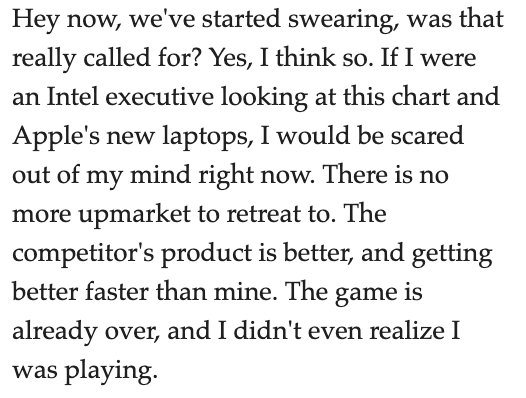 Sounds like Intel has realized it's in trouble. Never underestimate The Innovator's Dilemma. apenwarr.ca/log/20201227