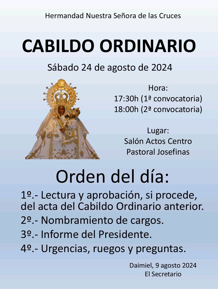 vdelascruces's tweet photo. El próximo sábado 24 de agosti celebraremos nuestro Cabildo Ordinario de Hermandad en el Centro Pastoral Josefinas con el siguiente orden del día👇

#TodosConLaPatrona https://t.co/T42rkMh8cl
