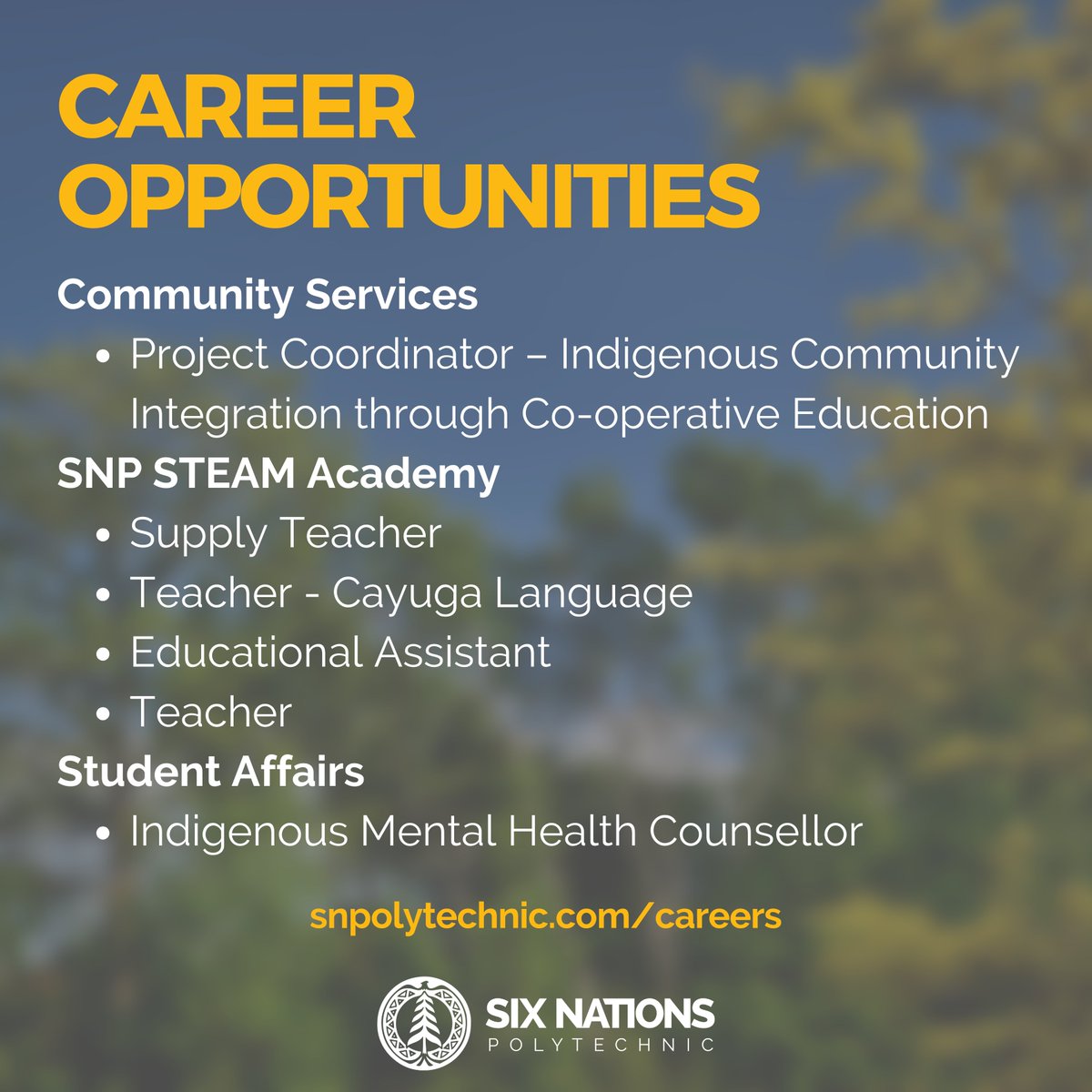 Join the Six Nations Polytechnic team! 🌟

Interested in a new career opportunity? Check out our current openings and apply today at snpolytechnic.com/careers 

#CareerOpportunities #SixNationsPolytechnic #JobOpening #ApplyNow #Careers