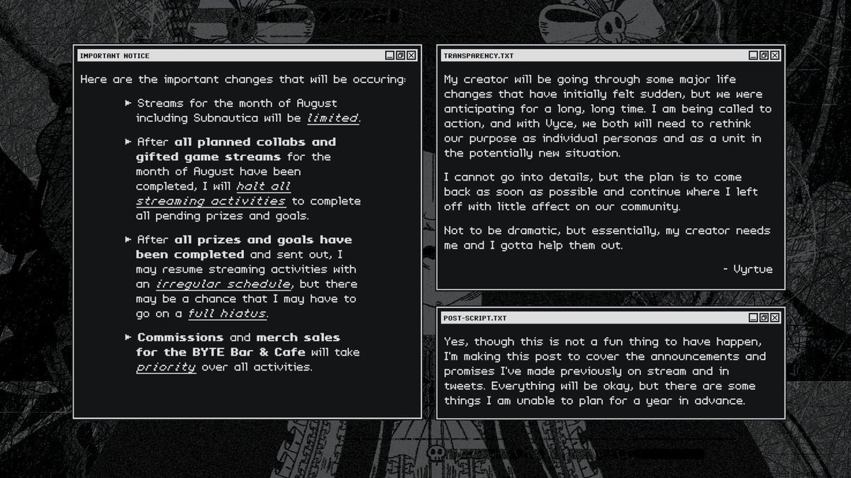 I want to be transparent about the changes that will be occurring, and yes, I have turned it into a pretty graphic so all the information is in a single tweet.

TLDR: Limited streams. Finish prizes + goals. Commissions + BYTE merch priority. Maybe back. Maybe not.