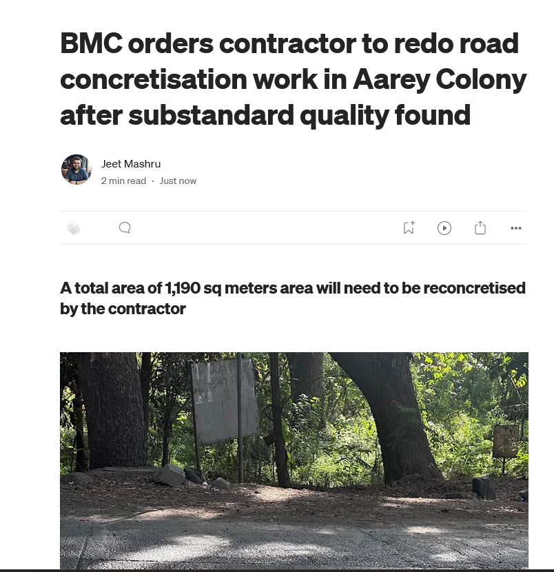 BREAKING NEWS
The BMC has ordered it's contractor to redo road concretisation work in Aarey Colony after substandard quality found

A total area of 1,190 sq meters area will need to be reconcretised by the contractor

Details here: medium.com/@mashrujeet/bm…