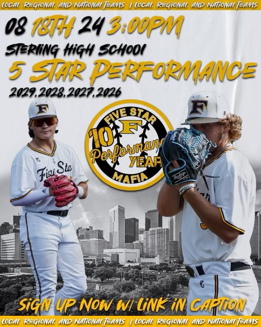 HOUSTON AREA TRYOUTS

Sterling High School
300 W Baker Road
Baytown, TX 77521

Local, Regional, and National teams in:

14U (2029)
15U (2028)
16U (2027)
17U(2026)

Please use the link below to Register:
docs.google.com/forms/d/e/1FAI…