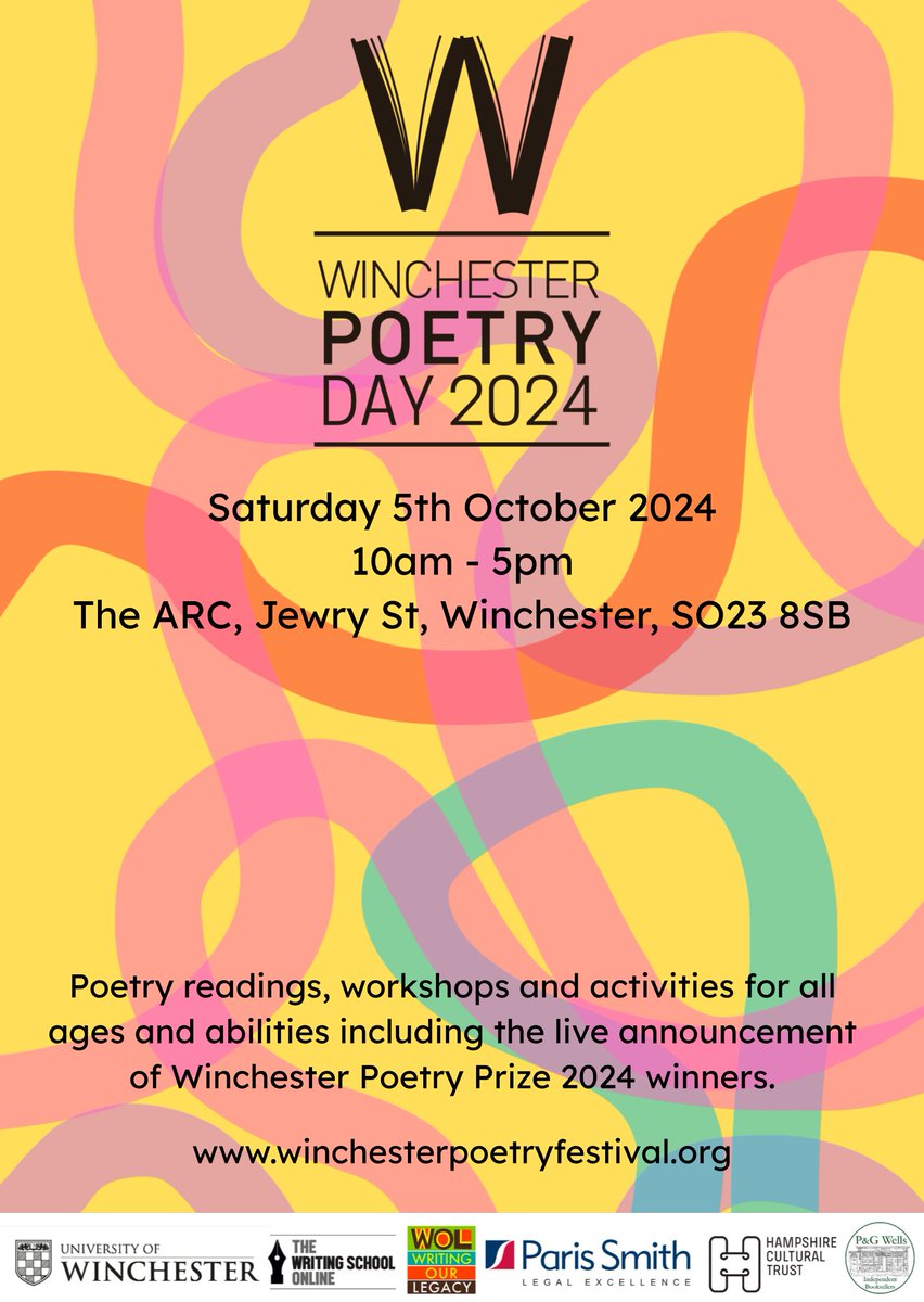 WinPoetryFest's tweet image. 🌈 Winchester Poetry Day 2024 is live 🌈

Join us @ArcWinchester on Sat 5th Oct for our one-day festival for poetry-lovers and the poetry-curious!

🤗Whether you're looking forward to listening, or being inspired to write, we hope to see you there!

👉🏿eventbrite.co.uk/o/winchester-p…