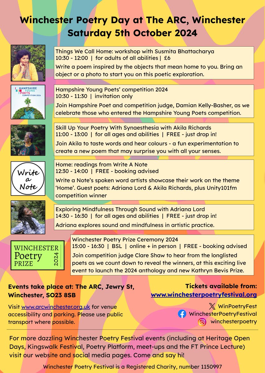 WinPoetryFest's tweet image. 🌈 Winchester Poetry Day 2024 is live 🌈

Join us @ArcWinchester on Sat 5th Oct for our one-day festival for poetry-lovers and the poetry-curious!

🤗Whether you're looking forward to listening, or being inspired to write, we hope to see you there!

👉🏿eventbrite.co.uk/o/winchester-p…
