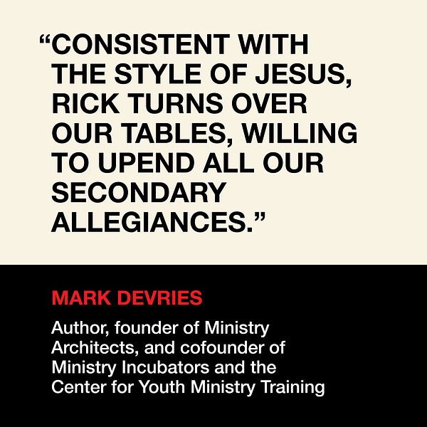 RickSkip's tweet image. Mark DeVries and I go way, way back—one of the most influential and prophetic voices in youth ministry over the last three decades, and founder of the coaching/consulting organization Ministry Architects. He’s turned over a few tables in his time, as well…