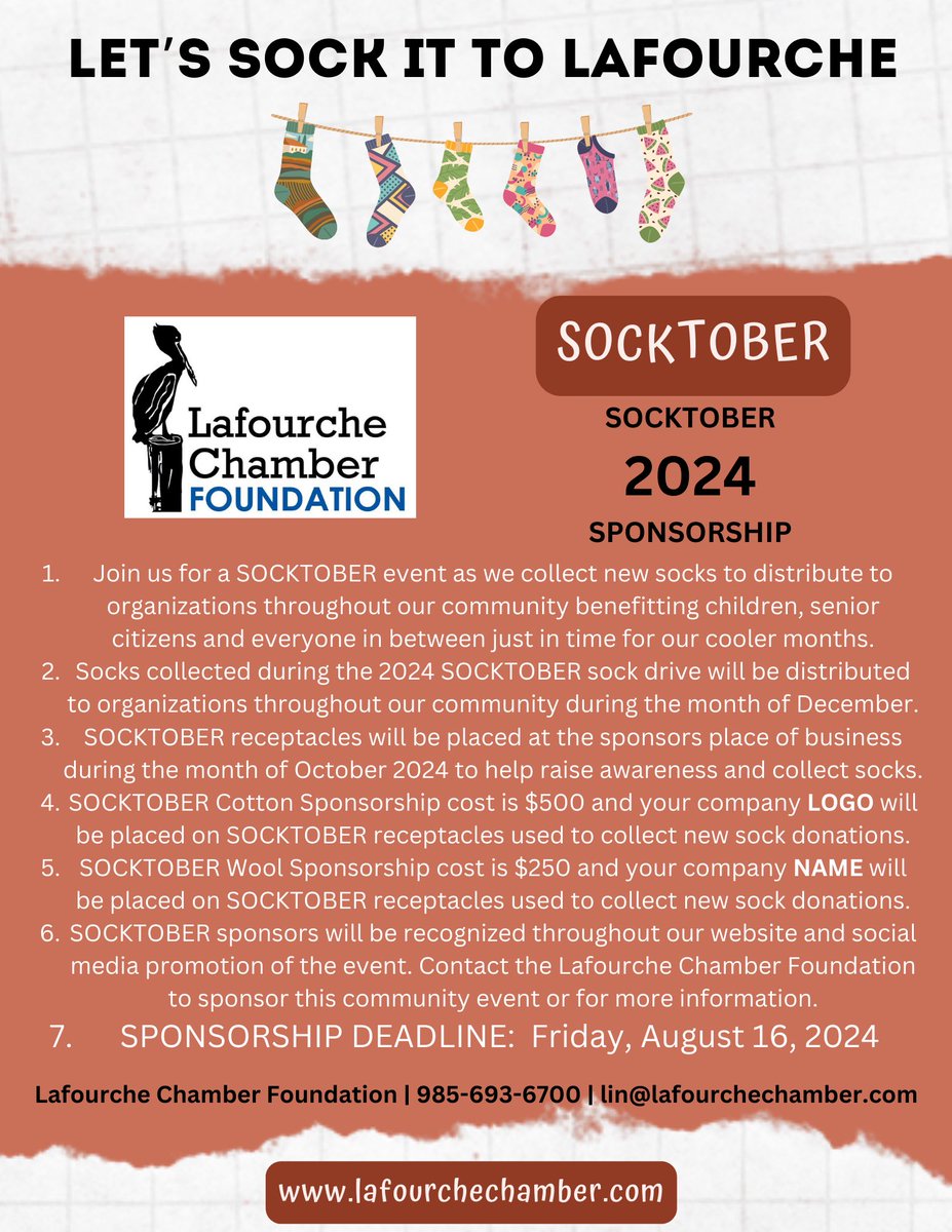 LafourcheCofC's tweet photo. SOCKTOBER Sponsorship Opportunities are available until next week on Friday, August 16. Join our community wide endeavor collecting new socks for children and adults this October!
https://t.co/hTA6A83cRL https://t.co/pHvKm5OUbf