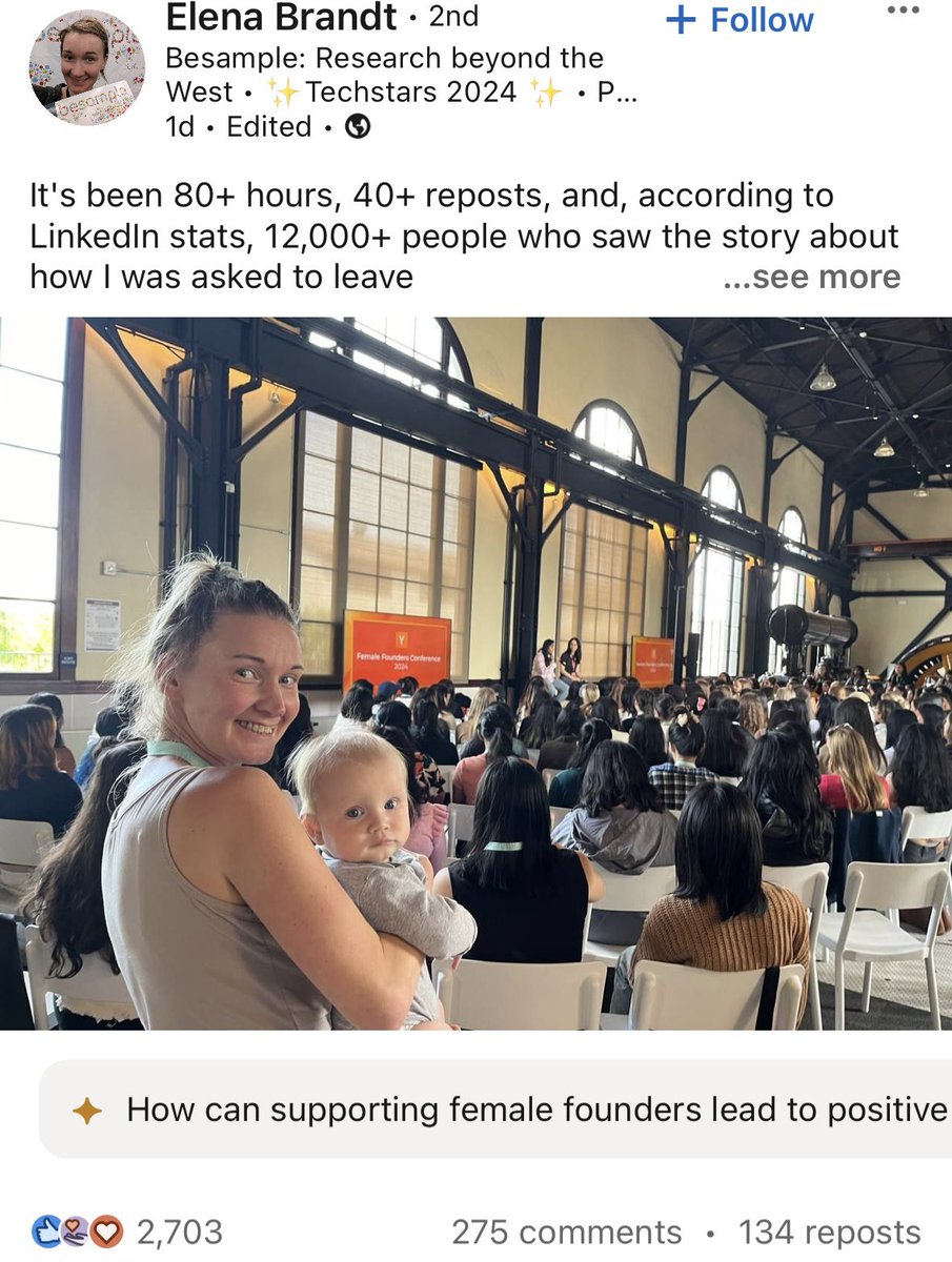 Why did <a href="/ycombinator/">Y Combinator</a> kick, Elena Brandt, a mother with a baby, out of their Female Founder Conference in San Francisco?

It has now been a week, since this story has been shared to 100s of thousands.

Many prominent people have called on YC for a response.

Instead…