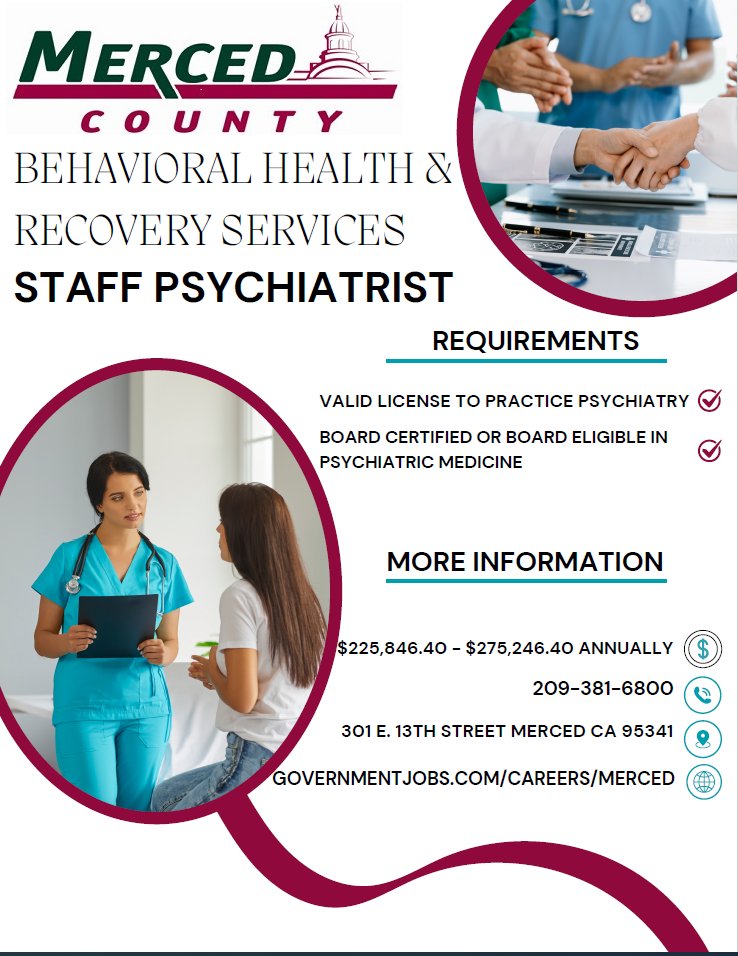 Merced County Behavioral Health &amp; Recovery Services is now hiring for Staff Psychiatrist!  Apply now!
governmentjobs.com/jobs/4609903-0…