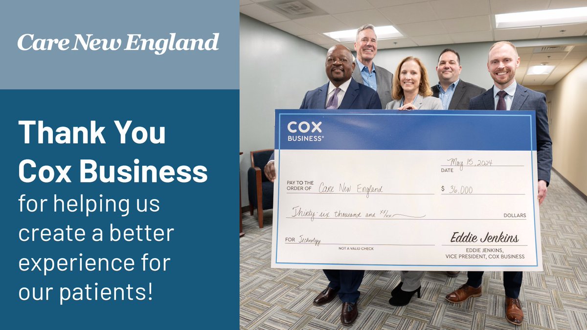 Care New England recently received a generous $36,000 donation from Cox Business!

This funding will support the implementation of Epic - the leading electronic health record system.

Thank you, Cox Business, for helping us create a better experience for our patients!