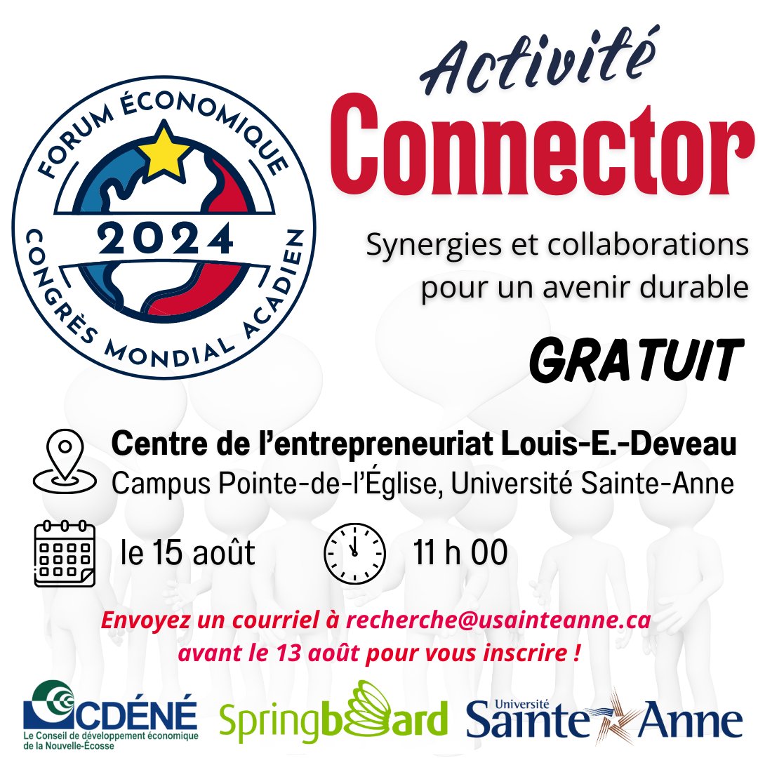 USainteAnne (@usainteanne) on Twitter photo 📣 Rappel à toutes les personnes de l’écosystème d’innovation ! Pour celles et ceux qui ne sont pas inscrits au Forum économique, envoyez un courriel à recherche@usainteanne.ca avant le 13 août pour vous inscrire au Connector !
<a href="/USainteAnne/">USainteAnne</a>
<a href="/leCDENE/">CDÉNÉ</a>
<a href="/SBAtlantic/">Springboard Atlantic</a> 📣 Rappel à toutes les personnes de l’écosystème d’innovation ! Pour celles et ceux qui ne sont pas inscrits au Forum économique, envoyez un courriel à recherche@usainteanne.ca avant le 13 août pour vous inscrire au Connector !
<a href="/USainteAnne/">USainteAnne</a>
<a href="/leCDENE/">CDÉNÉ</a>
<a href="/SBAtlantic/">Springboard Atlantic</a>