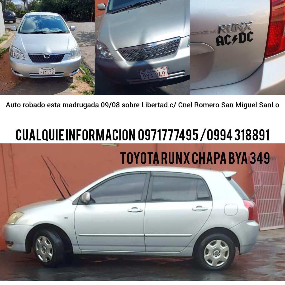 FatiGG's tweet photo. Video del auto robado esta madrugada 09/08 Toyota Runx chapa BYA 349 sobre Libertad y Cnel Romero favor difundir!!! Como operan esta gente  @aisman6 @jfergo86 @javogod @policia_py @poharoysa @oscar_marandu @Mariateresalop @Telefuturo @LuisBareiro @Santula https://t.co/0fV6QxxXVP
