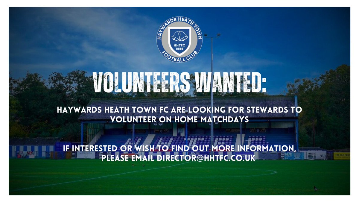 𝗩𝗢𝗟𝗨𝗡𝗧𝗘𝗘𝗥𝗦 𝗪𝗔𝗡𝗧𝗘𝗗

We are currently looking for volunteers to assist with matchday stewarding at the Home Smart Energy Stadium

Please email Director@hhtfc.co.uk if interested

#HHTFC