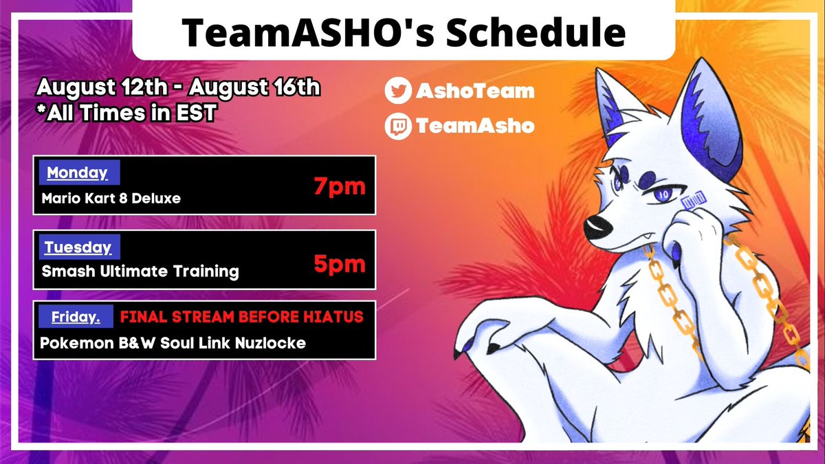 AshoTeam's tweet photo. Hey Hey, its me Luumia
New schedule you for y'all

In a week, I'll be on vacation since TeamASHO will be going on an indefinate hiatus take time to sort life out.
Anyways, y'all have a safe weekend. https://t.co/q4WS6Q1yvv