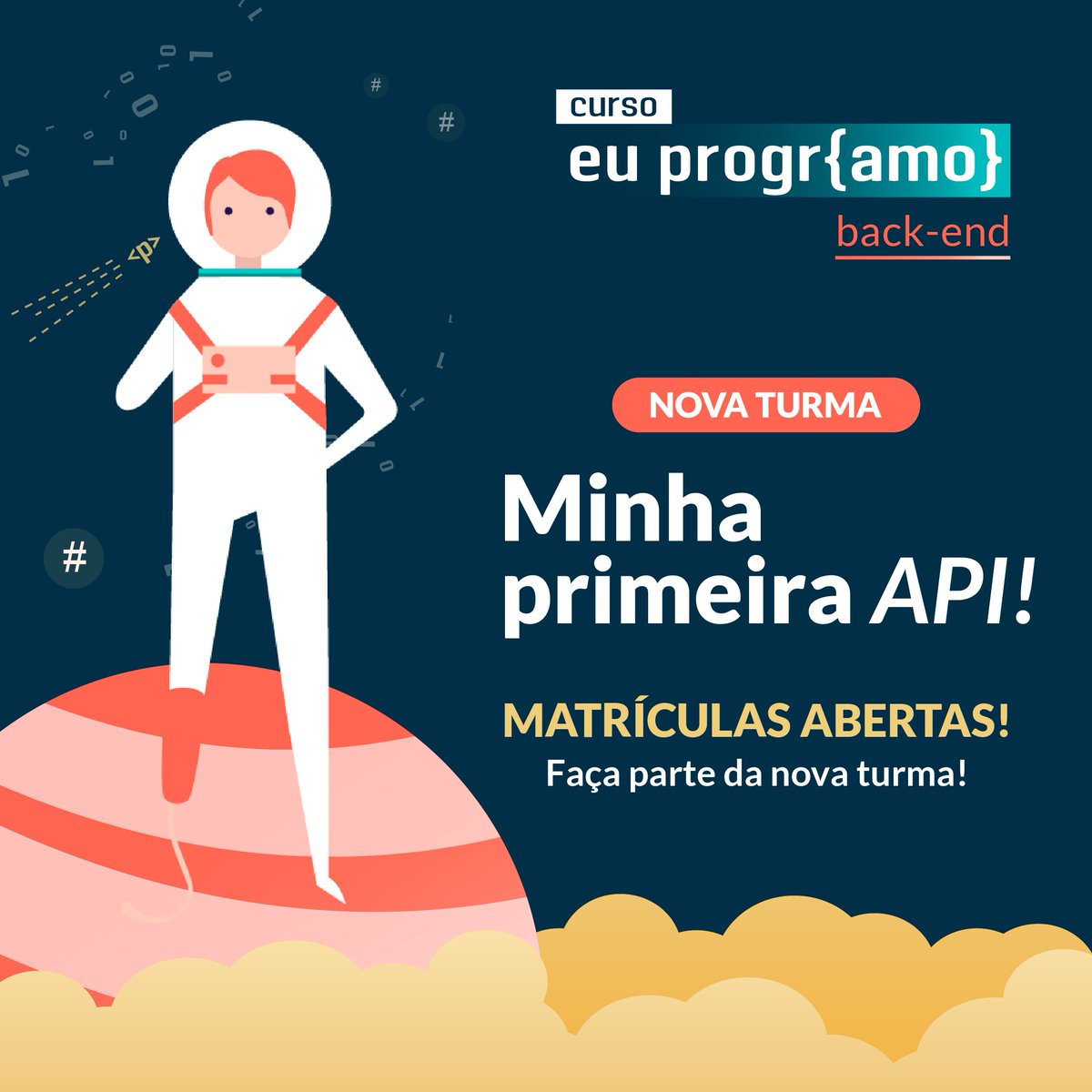 programaria's tweet image. [NOVIDADE] Já pensou em explorar o universo do Back-End e construir seu primeiro servidor?

Estamos com matrículas abertas para a nova turma do curso #EuProgrAmo Back-End: Minha Primeira API! 🎉 

🚨Atenção: matrículas até 11 de setembro.

🔗Saiba mais: bit.ly/matriculas-be