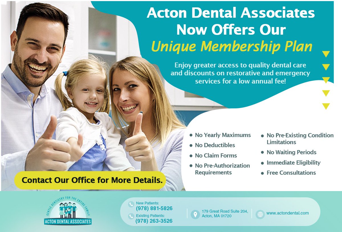dental_acton's tweet photo. Do you want a unique dental membership plan that is designed with your needs in mind? Look no further than the Acton Dental Membership Plan. Contact our team at (978) 881-5826 to learn how to join.
#Membershipplan #Dentalmembershipplan #Smilesavings #DentalPlan #DentalMembership https://t.co/sZ0onxzyhS
